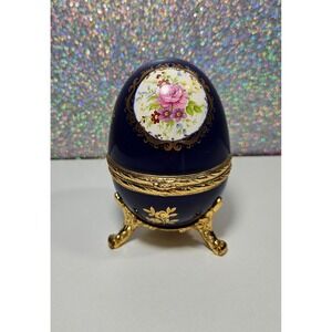 Vintage Cobalt Blue Porcelain Floral Egg Music Box Gold Footed Made in Japan